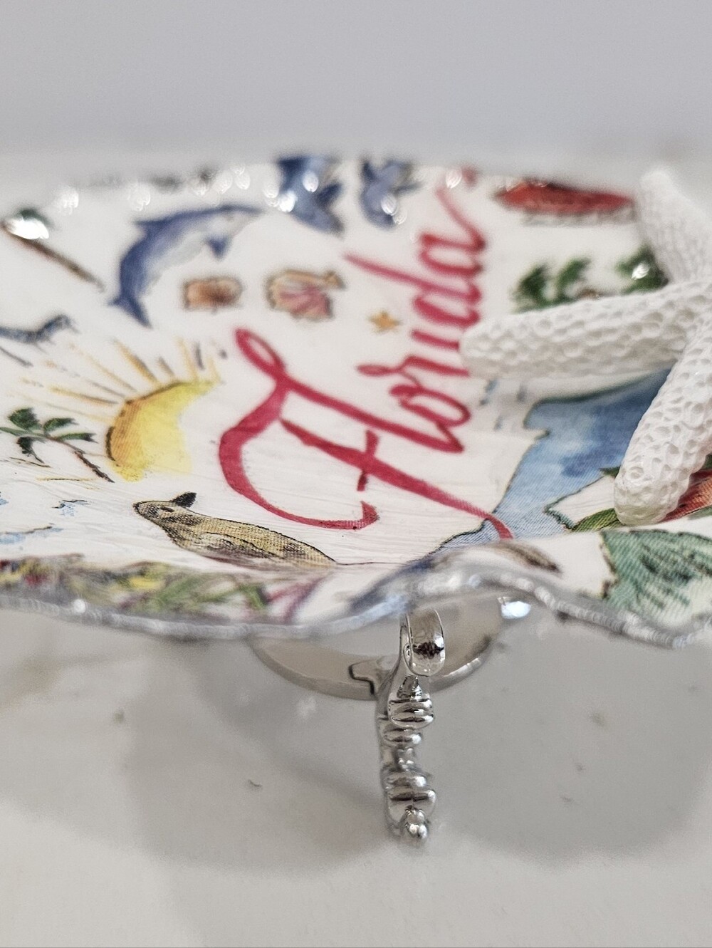Handmade Florida Themed Decoupage Scallop Shell Trinket Dish w/Stand & Starfish